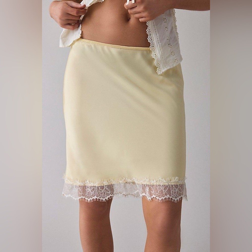 UO Kimchi Blue Addy Lace Trim Satin Slip Midi Skirt - Cream Yellow